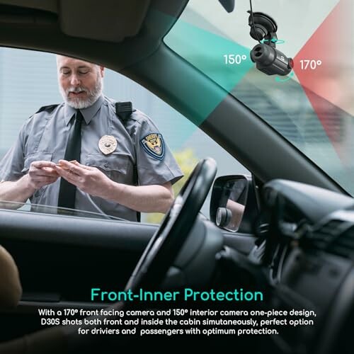 Security officer checking driver's documents through car window.