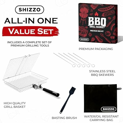 Shizzo all-in-one BBQ grill set with grilling tools, basket, skewers, brush, and carrying bag.