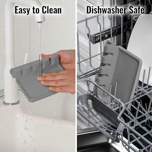 Gray silicone kitchen item shown being washed by hand and in a dishwasher.