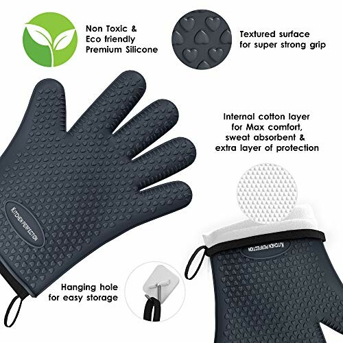 Features of silicone oven mitts with textured grip, cotton layer, and hanging hole.