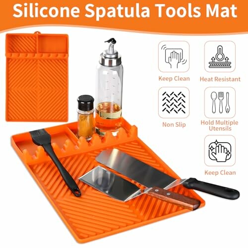 Orange silicone spatula tools mat with utensils and bottles, highlighting features like heat resistance and non-slip.