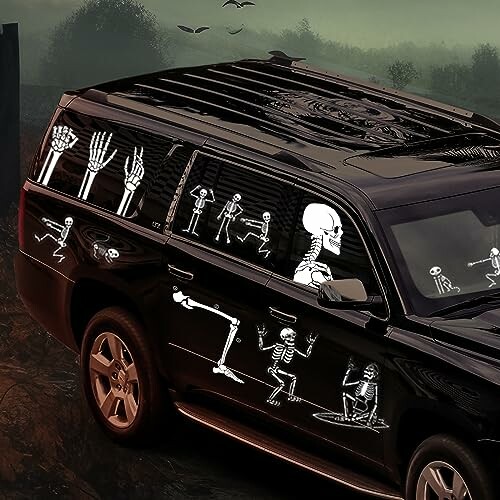Black SUV decorated with white skeleton decals.