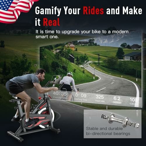 Person on a smart bike with a virtual cycling screen displaying ride data.