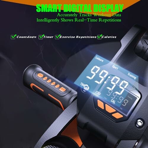 Smart digital display with workout data, exercise repetitions, and calories.