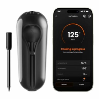 Smart meat thermometer with app displaying cooking progress.