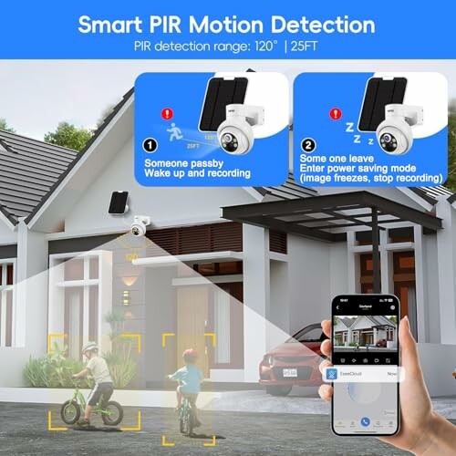 Smart PIR motion detection with surveillance camera and mobile app display.