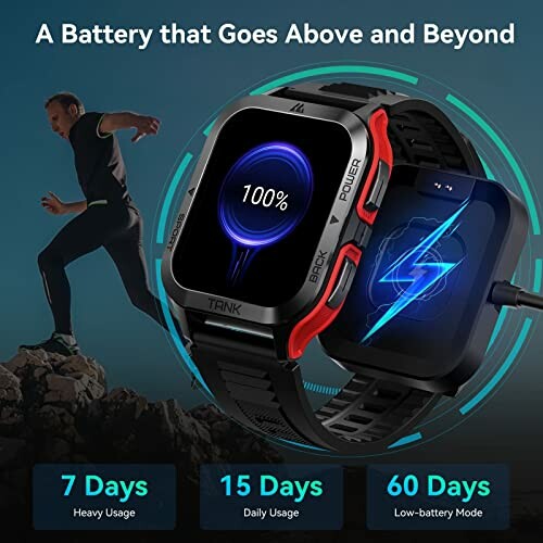 Smartwatch with various battery life modes and a man running outdoors.