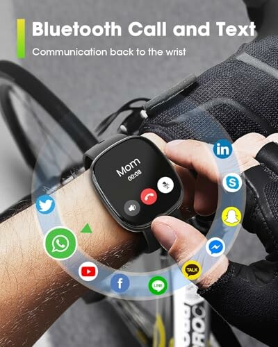 Smartwatch displaying Bluetooth call and text features, worn by cyclist.