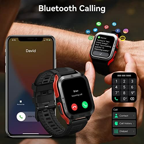 Smartwatch with Bluetooth calling feature, showing incoming call from a smartphone.