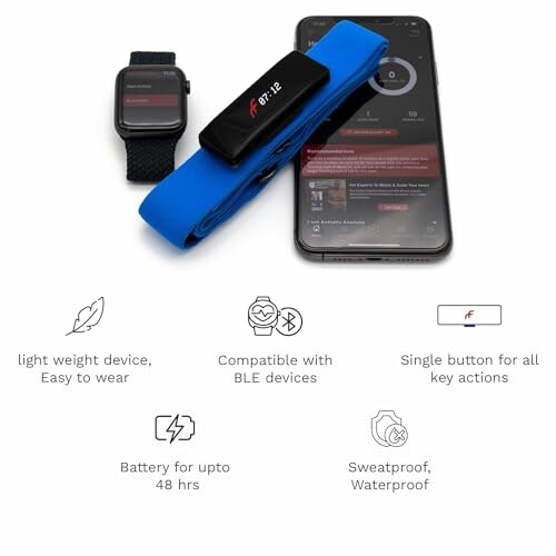 Smartwatch and heart rate monitor with phone app interface, showcasing features like BLE compatibility and waterproof design.