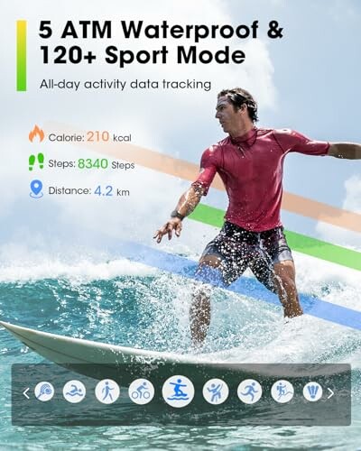 Man surfing with smartwatch features: waterproof, calorie, steps, distance tracking.