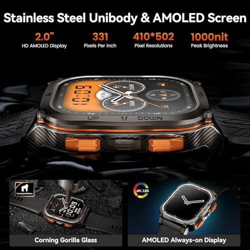 Smartwatch with stainless steel unibody and AMOLED screen, featuring HD display, 331 PPI, 410x502 resolution, and 1000 nit brightness.