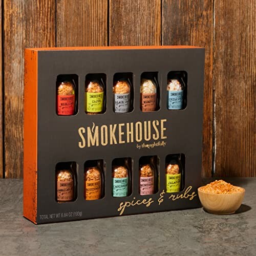 Smokehouse spices and rubs gift set with jars and bowl.