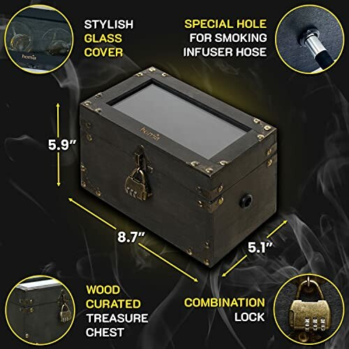 Wooden treasure chest with glass cover, combination lock, and infuser hose hole.