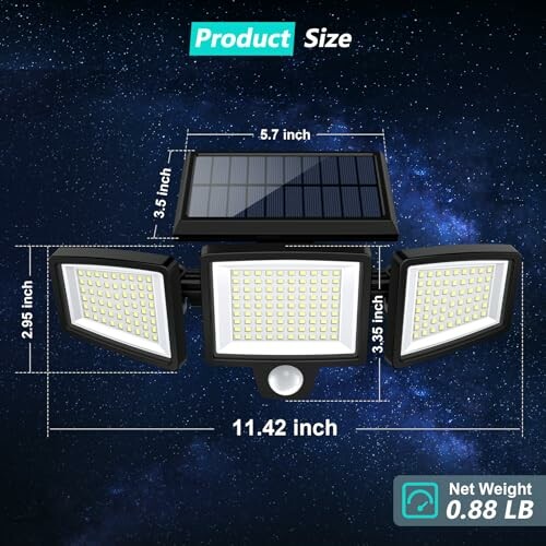Dimensions of solar motion sensor light with three panels and net weight.