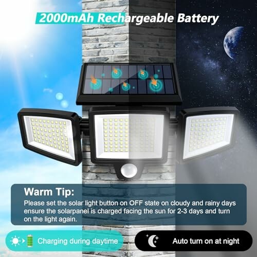 Solar-powered security light with rechargeable battery and motion sensor.