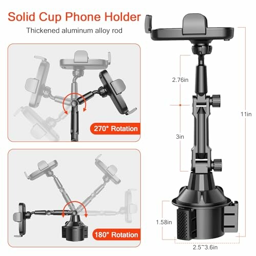 Solid cup phone holder with adjustable rotation and aluminum rod.