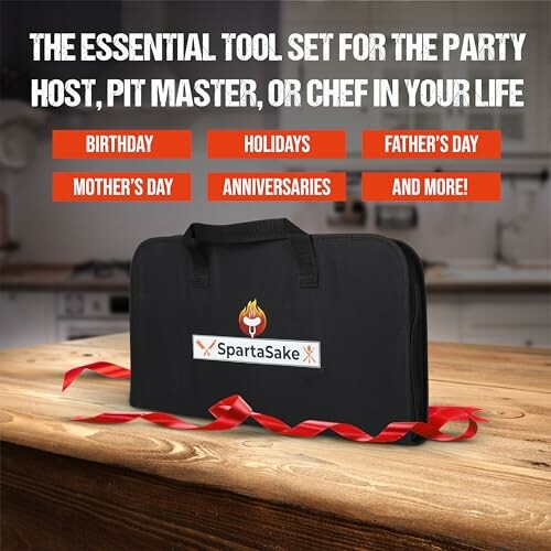 SpartaSake tool set in a kitchen with gift ribbon.