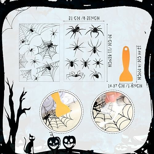 Spider web and spider stencil set with scraper tool.