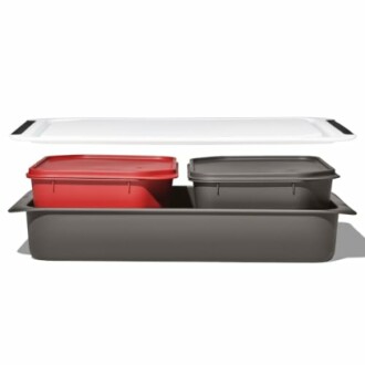 Stackable storage boxes with red and gray lids.