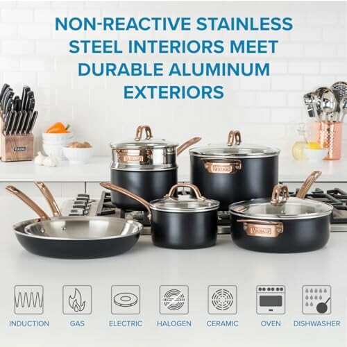 Non-reactive stainless steel cookware set with copper handles on a kitchen counter.