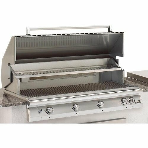Stainless steel gas grill with open lid and four control knobs.