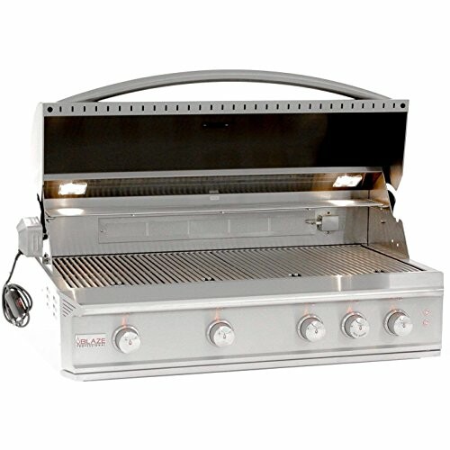 Stainless steel gas grill with four control knobs and an open lid