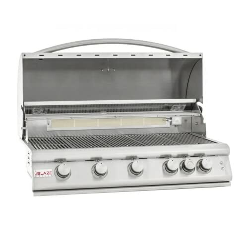 Stainless steel gas grill with open lid and multiple burners.