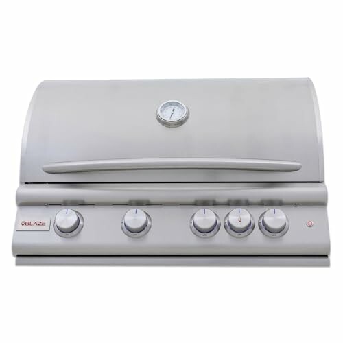 Stainless steel gas grill with control knobs and temperature gauge
