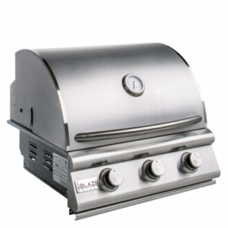 Stainless steel gas grill with three knobs and temperature gauge