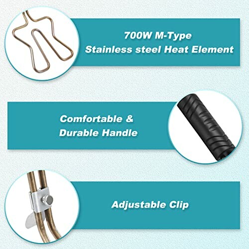 Features of a 700W M-Type stainless steel heat element, durable handle, and adjustable clip.