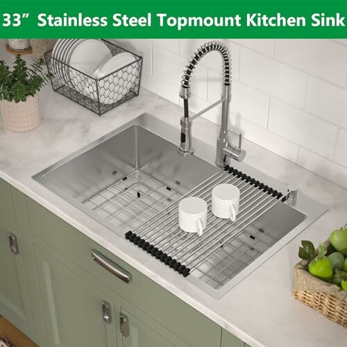 Stainless steel topmount kitchen sink with faucet and accessories