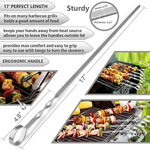 Stainless steel skewers with ergonomic handle and grilling features.