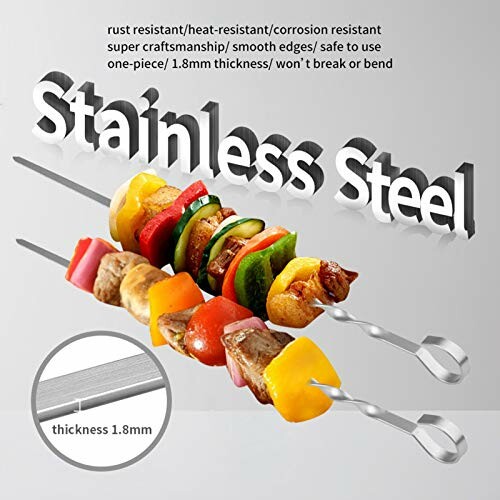 Stainless steel skewers with food and product features.