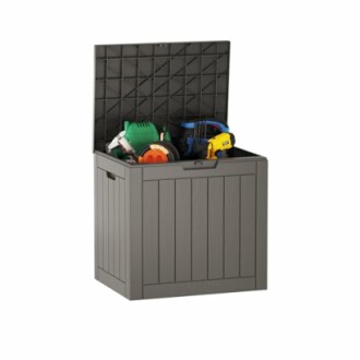 Open storage box containing tools and garden equipment