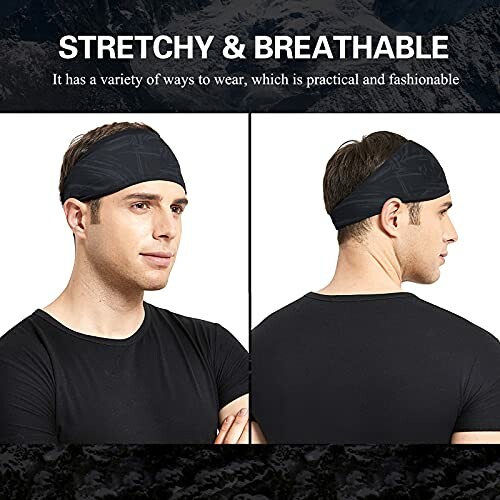 Man wearing a stretchy and breathable headband, shown from front and back.