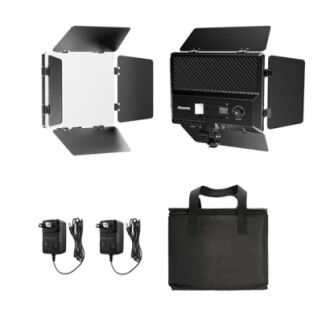 Studio lighting kit with LED panels, adapters, and carrying case.