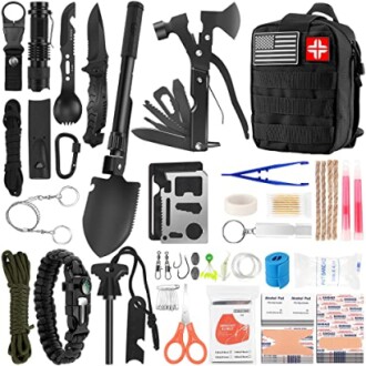 Comprehensive survival gear kit with tools and first aid supplies.