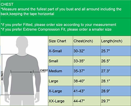 T-shirt size chart with measurements for chest and length.