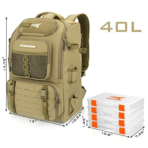 Tactical backpack with multiple compartments and storage boxes, 40L capacity.