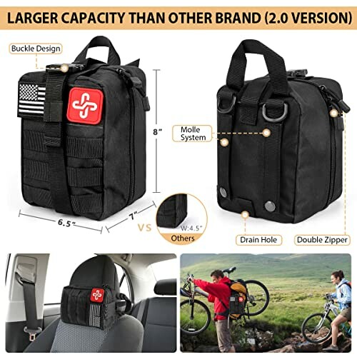 Black tactical first aid kit bag with molle system and buckle design, shown in various settings.