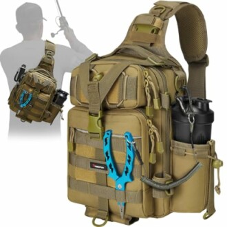 Tactical sling backpack with fishing gear and accessories