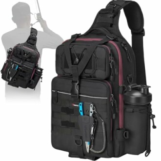 Black tactical sling backpack with multiple compartments and accessories.