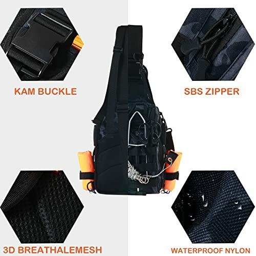 Tactical sling bag with features: KAM buckle, SBS zipper, 3D breathable mesh, waterproof nylon.