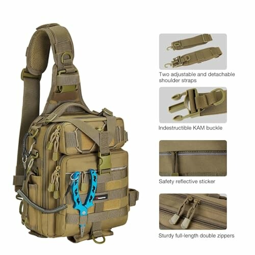 Tactical sling bag with detachable straps, KAM buckle, reflective sticker, and double zippers.