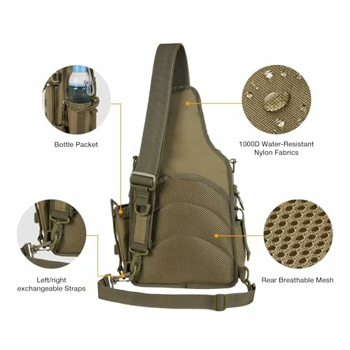 Tactical sling bag with bottle pocket, water-resistant nylon, left/right straps, breathable mesh.