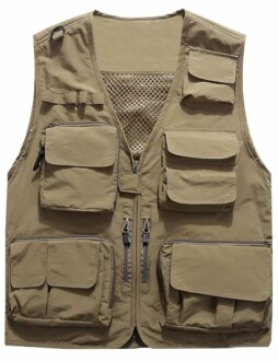Tan utility vest with multiple pockets and zippers.