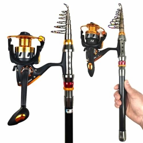 Telescopic fishing rod and reel, one held in hand.