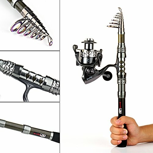Telescopic fishing rod with reel and hand holding it.