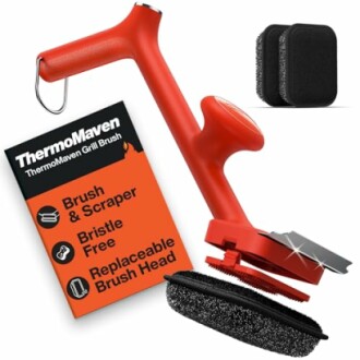 ThermoMaven grill brush with replaceable bristle-free head and scraper.